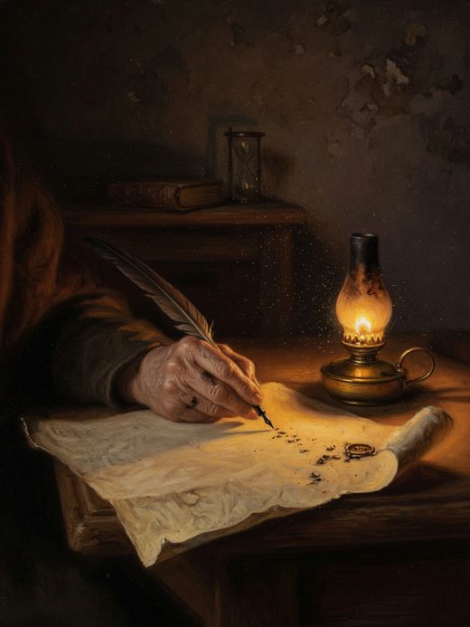 Pintura: mão escrevendo com pena à luz de lamparina