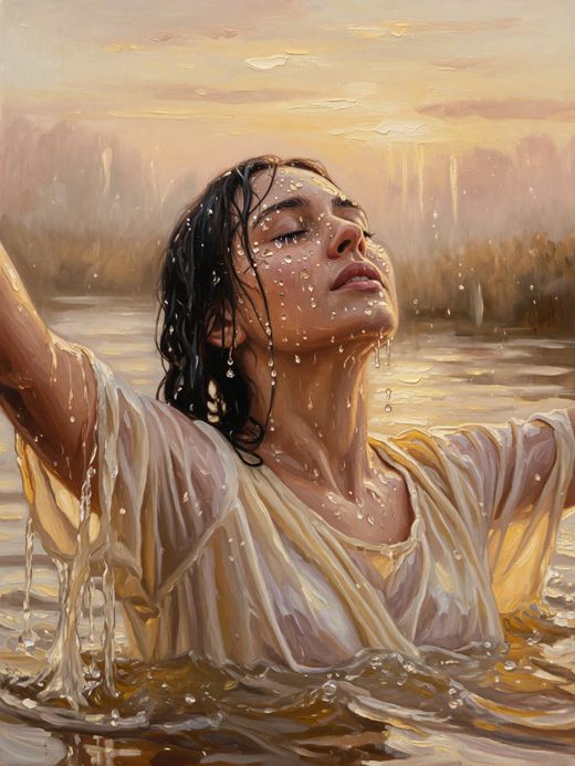 Pintura: mulher emergindo das águas ao amanhecer, símbolo de vida nova